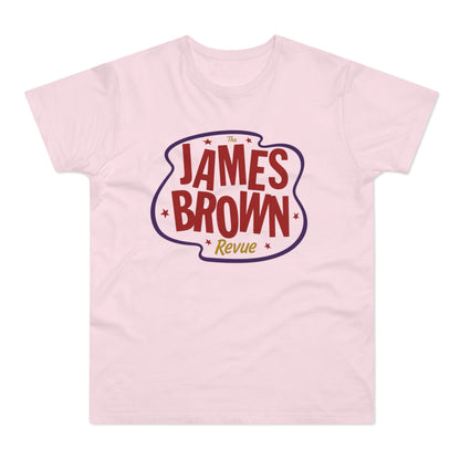 Pink t-shirt with "The James Brown Revue" text in a wavy border.