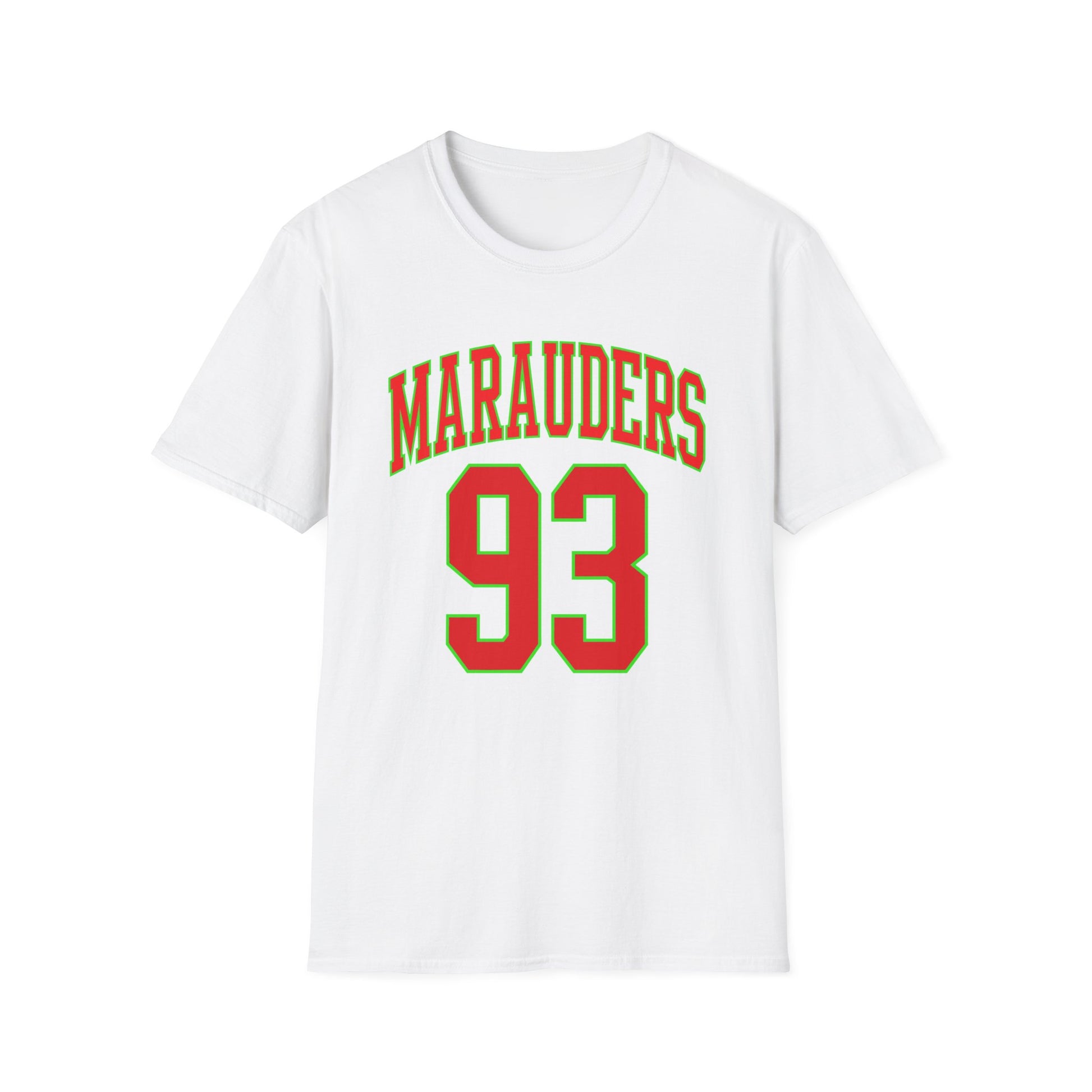White t-shirt with red "MARAUDERS" text and red number "93" outlined in green.