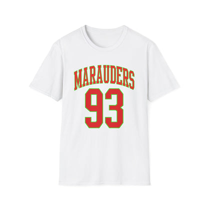 White t-shirt with red "MARAUDERS" text and red number "93" outlined in green.