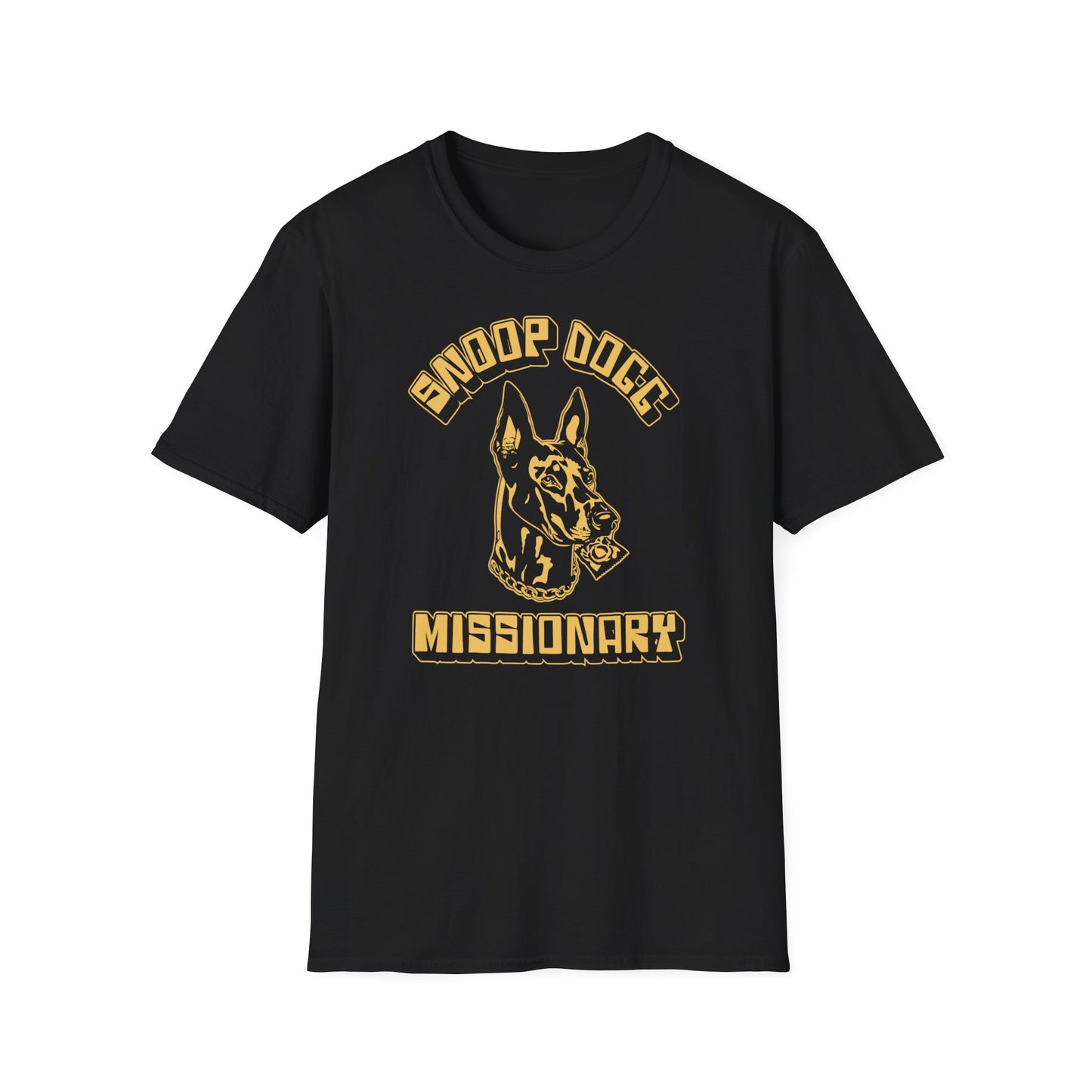 Black t-shirt with gold graphic reading "Snoop Dogg Missionary" and a dog head.