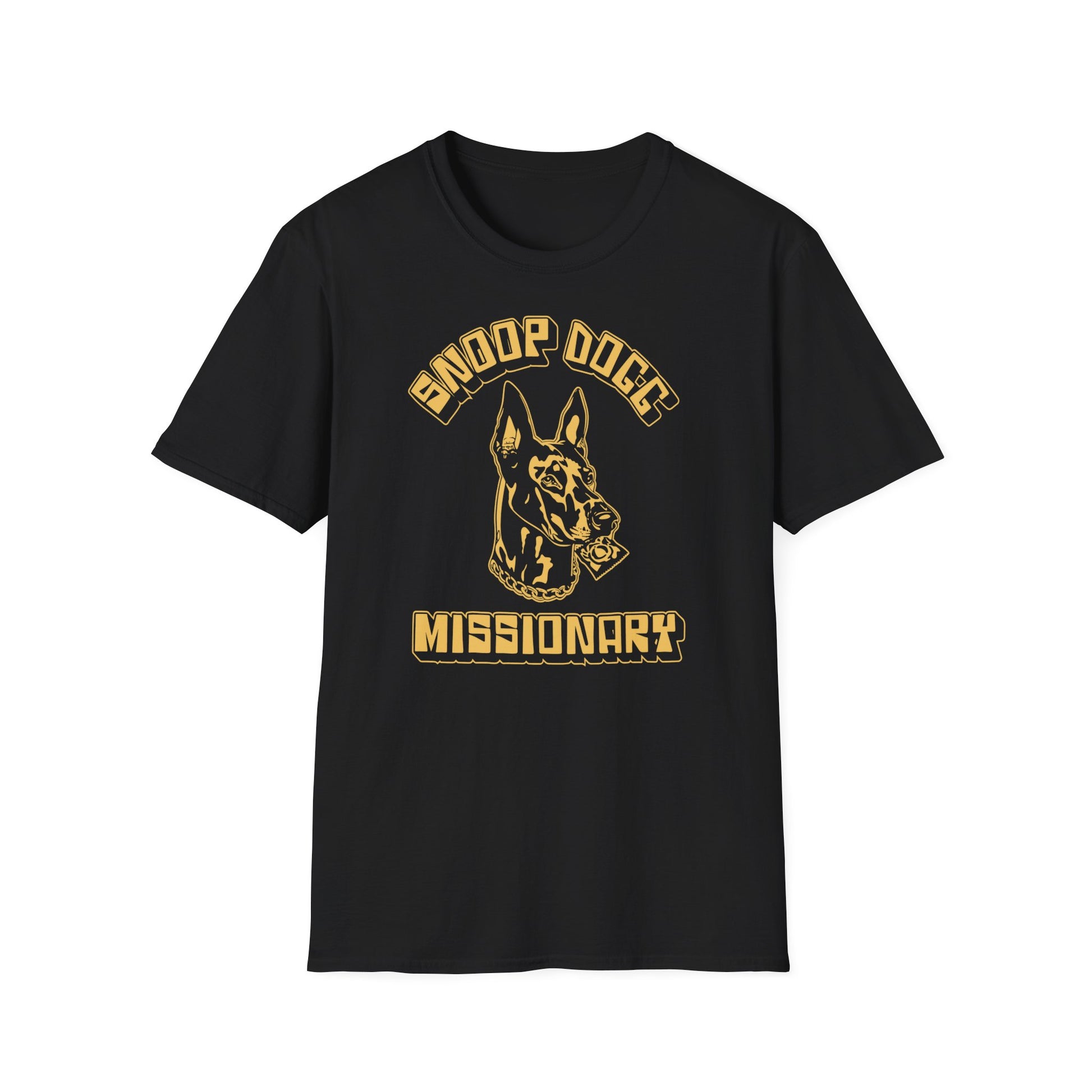 Black t-shirt with gold graphic reading "Snoop Dogg Missionary" and a dog head.