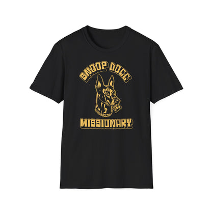 Black t-shirt with gold graphic reading "Snoop Dogg Missionary" and a dog head.