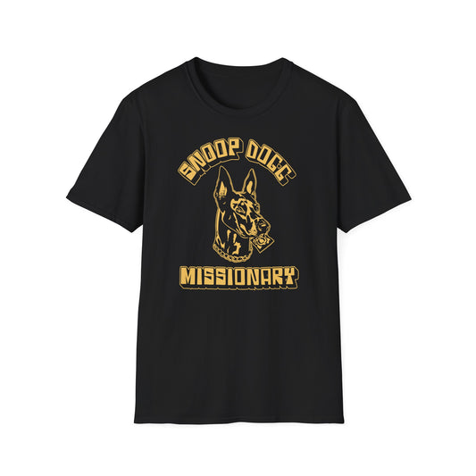 Black t-shirt with gold graphic reading "Snoop Dogg Missionary" and a dog head.