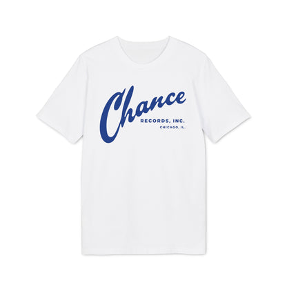 White t-shirt with blue "Chance Records, Inc. Chicago, IL." logo