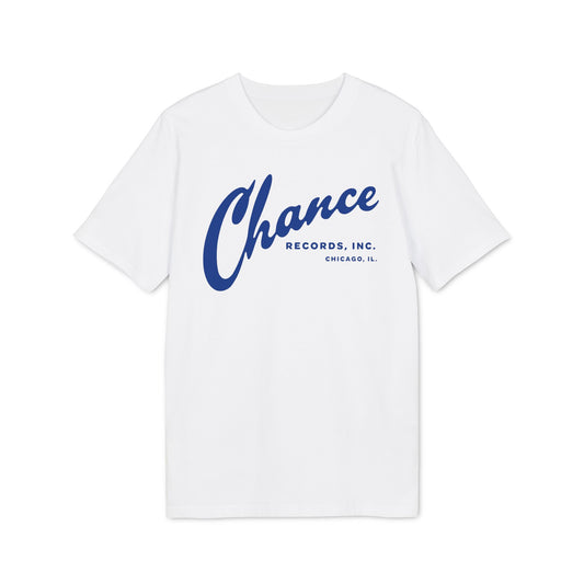 White t-shirt with blue "Chance Records, Inc. Chicago, IL." logo