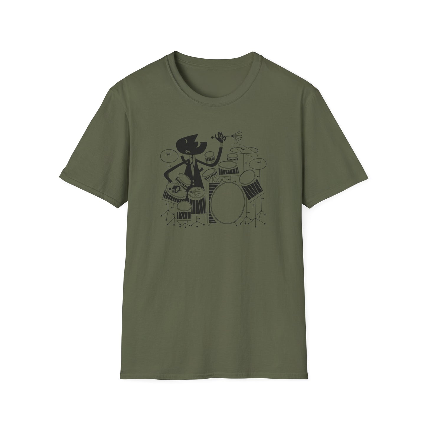 Black graphic of a cat playing drums on an olive green t-shirt.