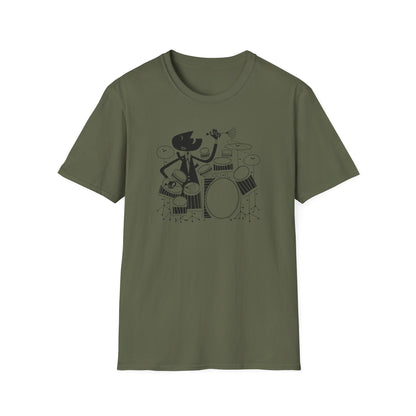 Black graphic of a cat playing drums on an olive green t-shirt.