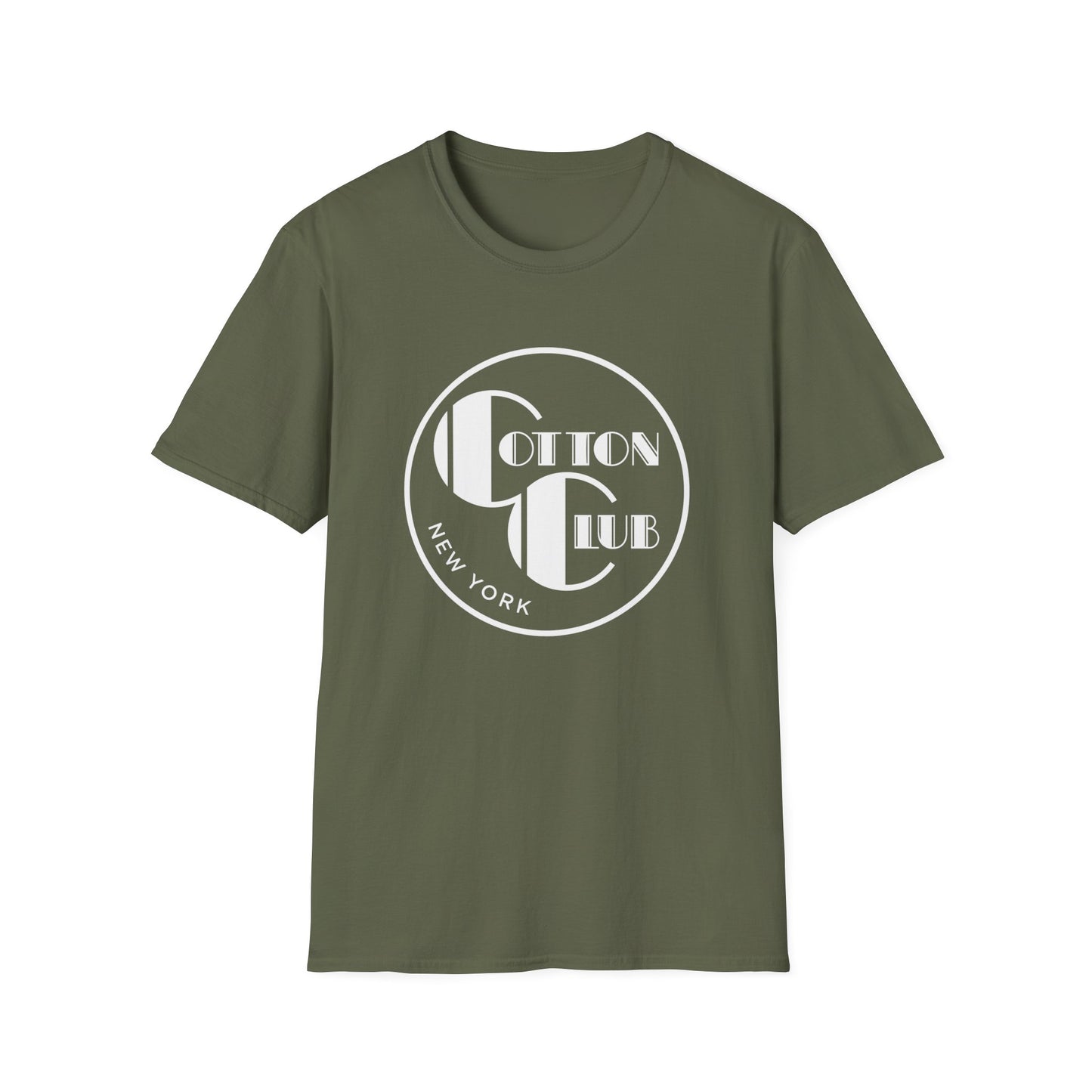 Olive green t-shirt with white circular "Cotton Club New York" logo.