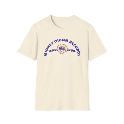 Cream t-shirt with purple "Mighty Quinn Records" text and smiling character logo.