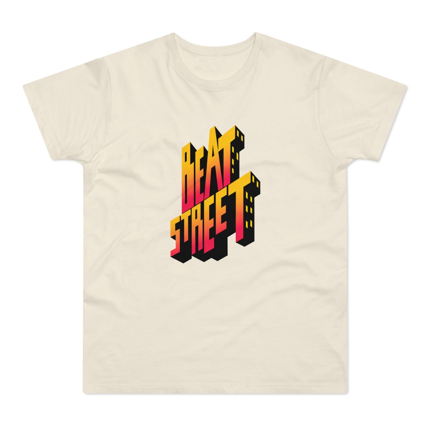 Cream t-shirt with 3D "BEAT STREET" text graphic in yellow, orange, and red.