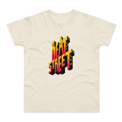 Cream t-shirt with 3D "BEAT STREET" text graphic in yellow, orange, and red.