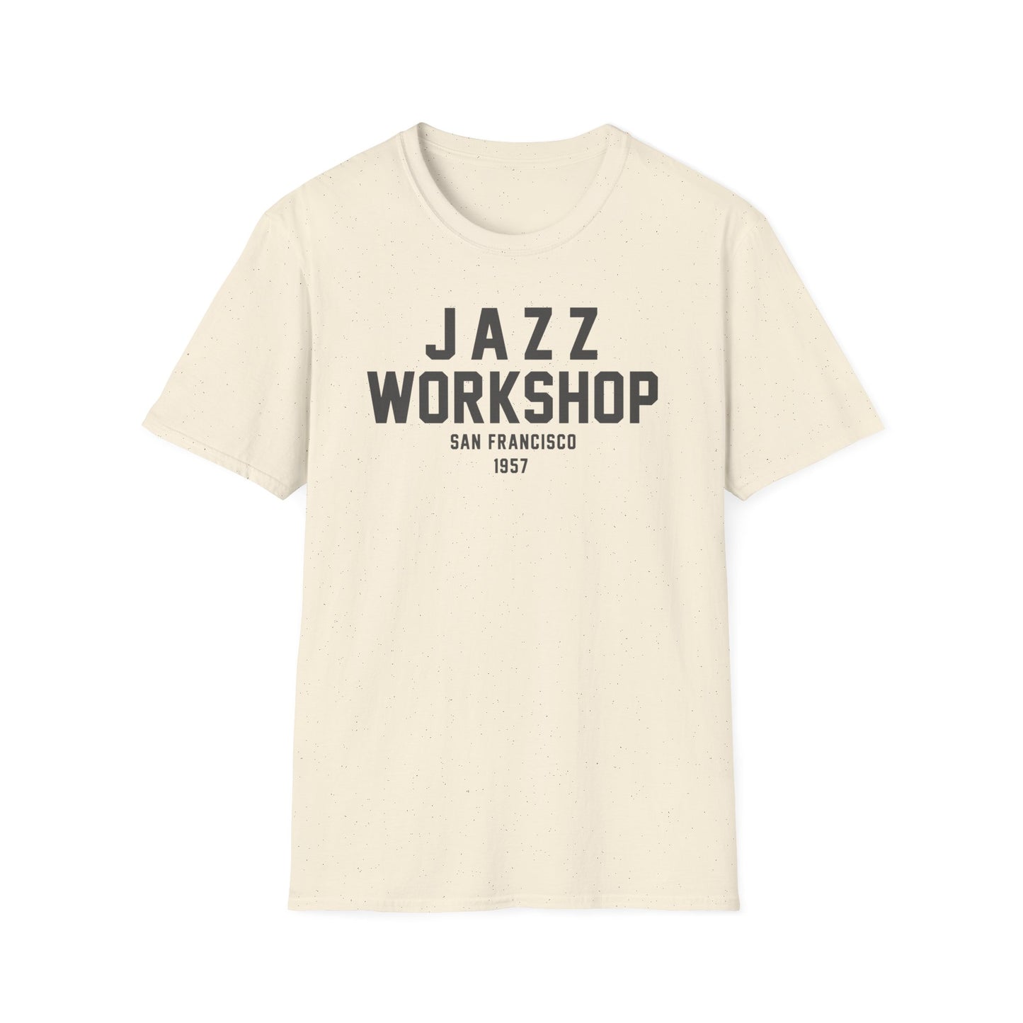 Cream t-shirt with "JAZZ WORKSHOP" and "SAN FRANCISCO 1957" in gray text.