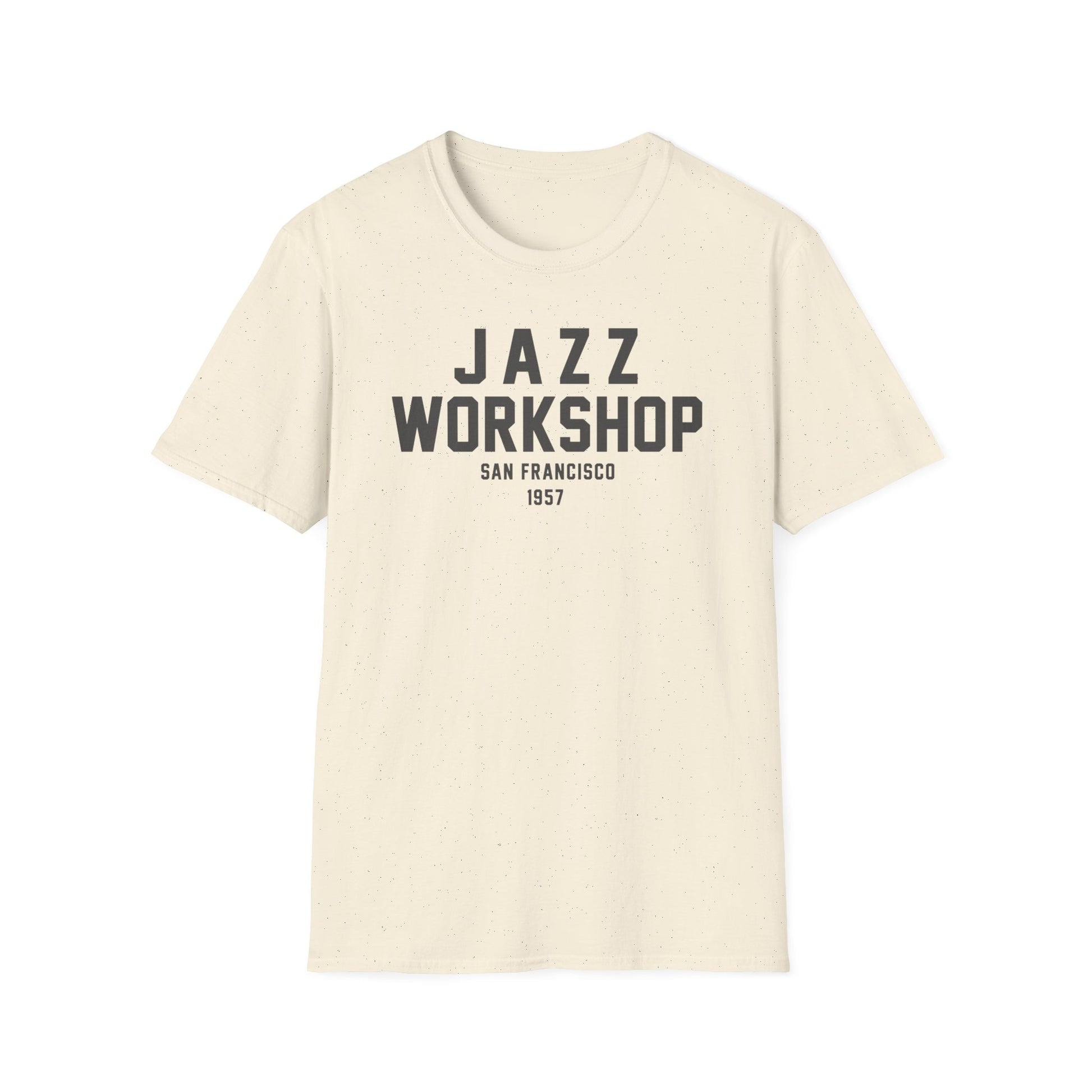 Cream t-shirt with "JAZZ WORKSHOP" and "SAN FRANCISCO 1957" in gray text.