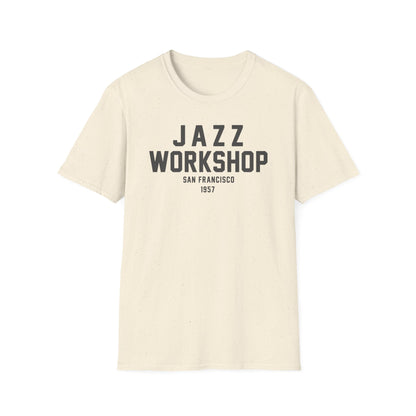 Cream t-shirt with "JAZZ WORKSHOP" and "SAN FRANCISCO 1957" in gray text.