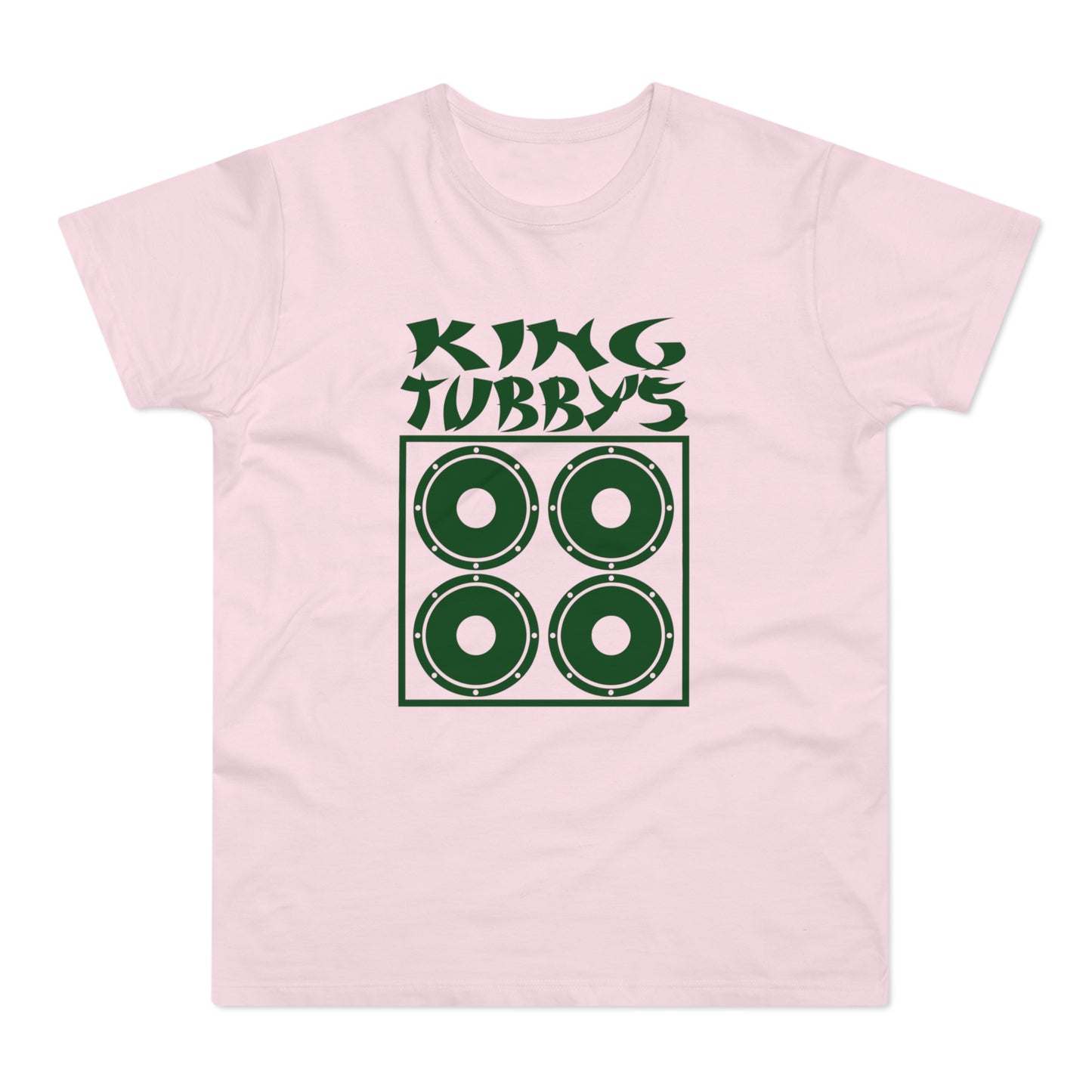 Pink t-shirt with "KING TUBBY'S" text and a graphic of four speaker cones in a box.