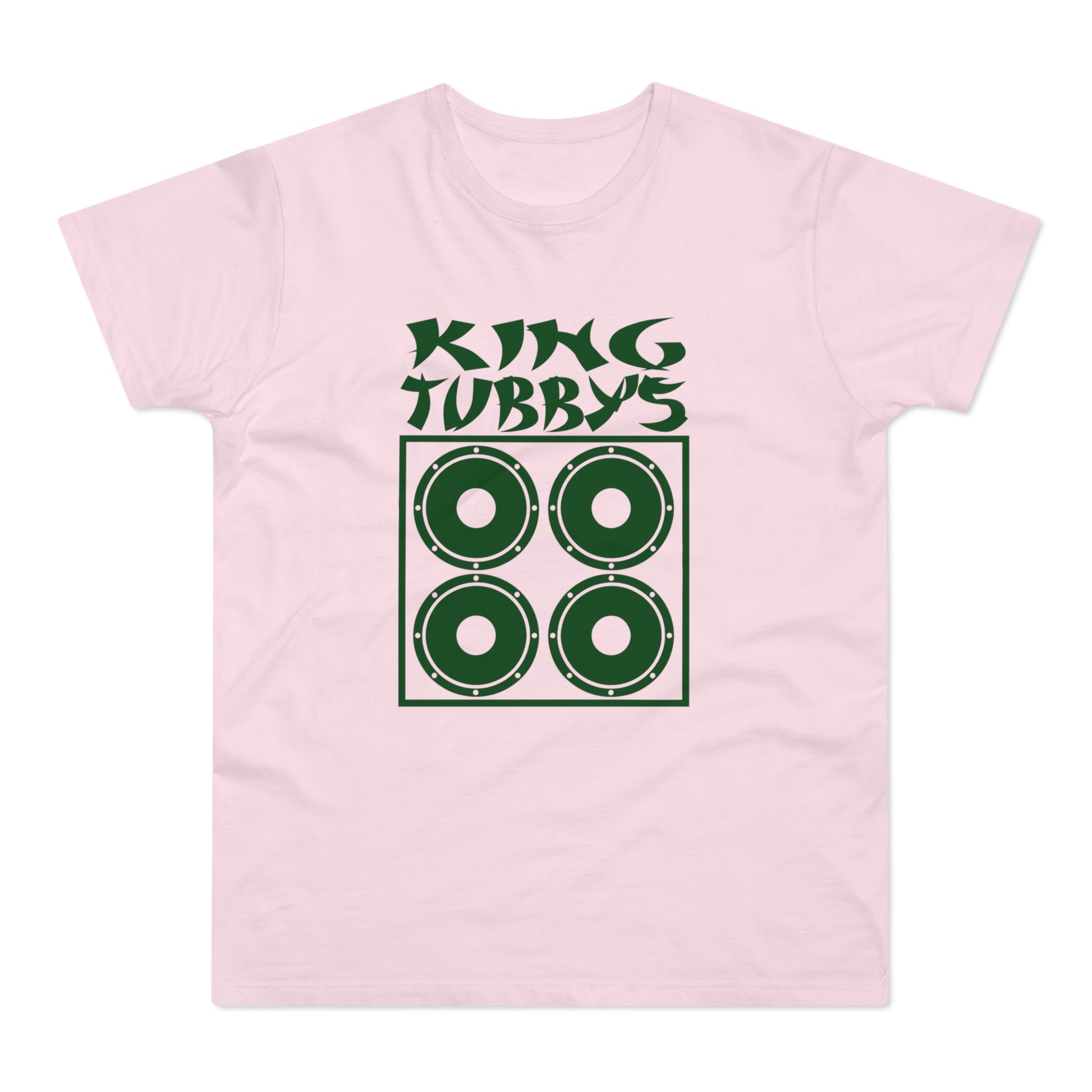 Pink t-shirt with "KING TUBBY'S" text and a graphic of four speaker cones in a box.