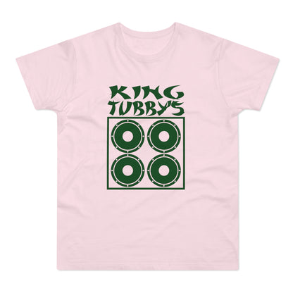 Pink t-shirt with "KING TUBBY'S" text and a graphic of four speaker cones in a box.