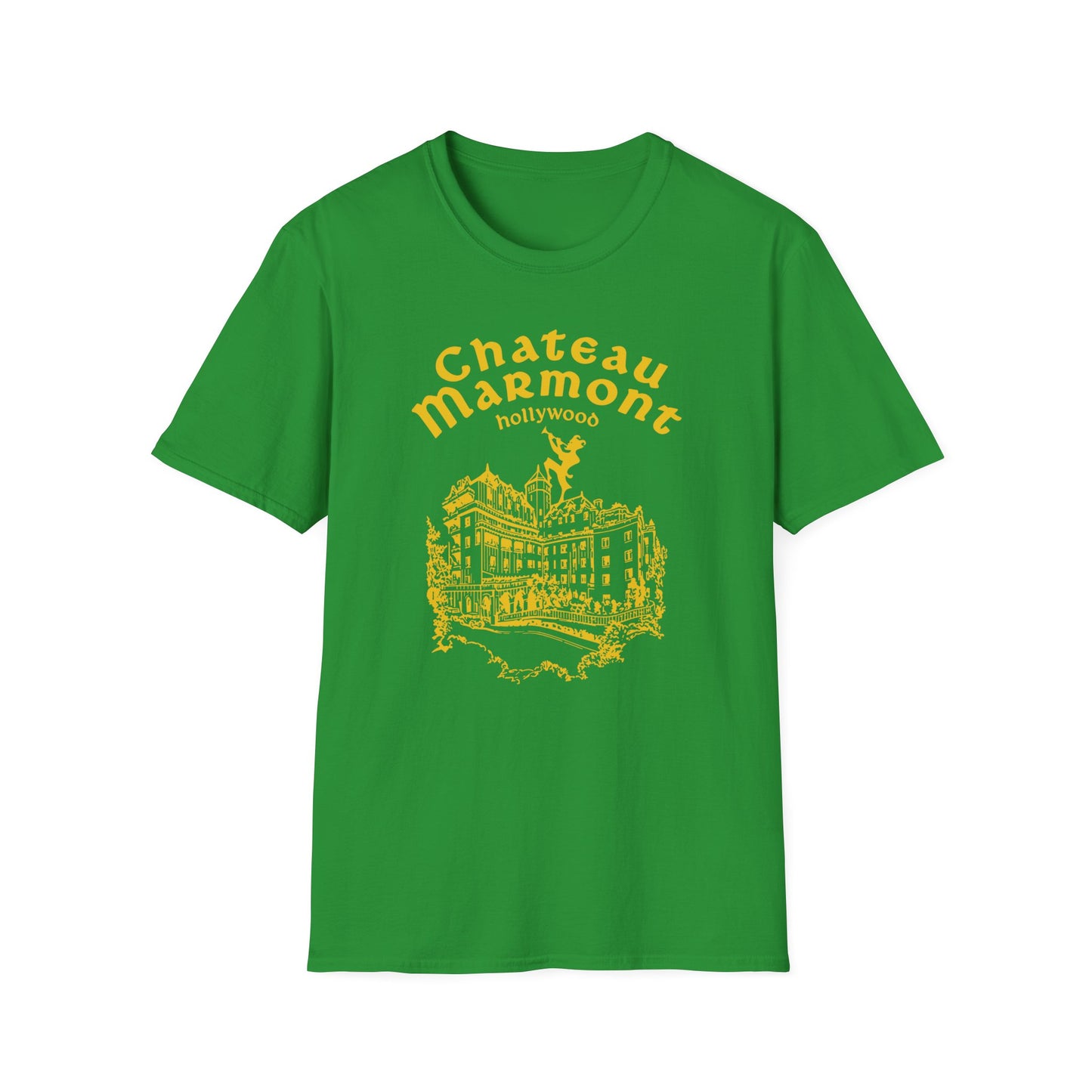 Green t-shirt with yellow Chateau Marmont Hollywood building graphic