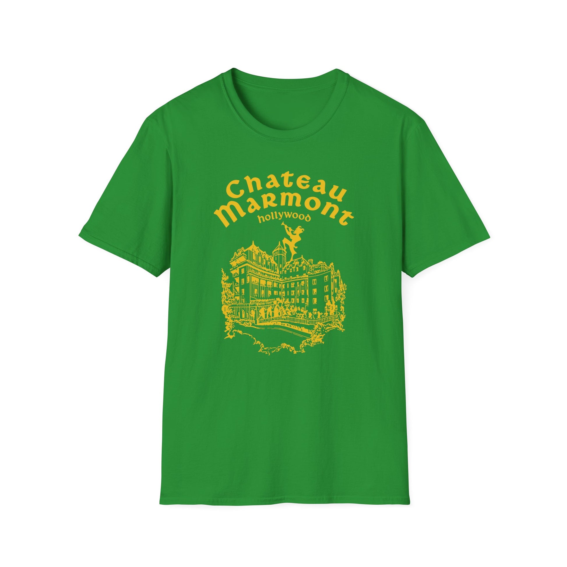 Green t-shirt with yellow Chateau Marmont Hollywood building graphic