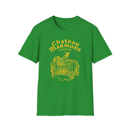 Green t-shirt with yellow Chateau Marmont Hollywood building graphic