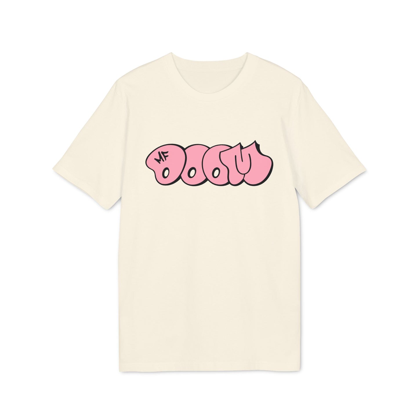 Cream t-shirt with pink bubble graffiti text and MF logo.