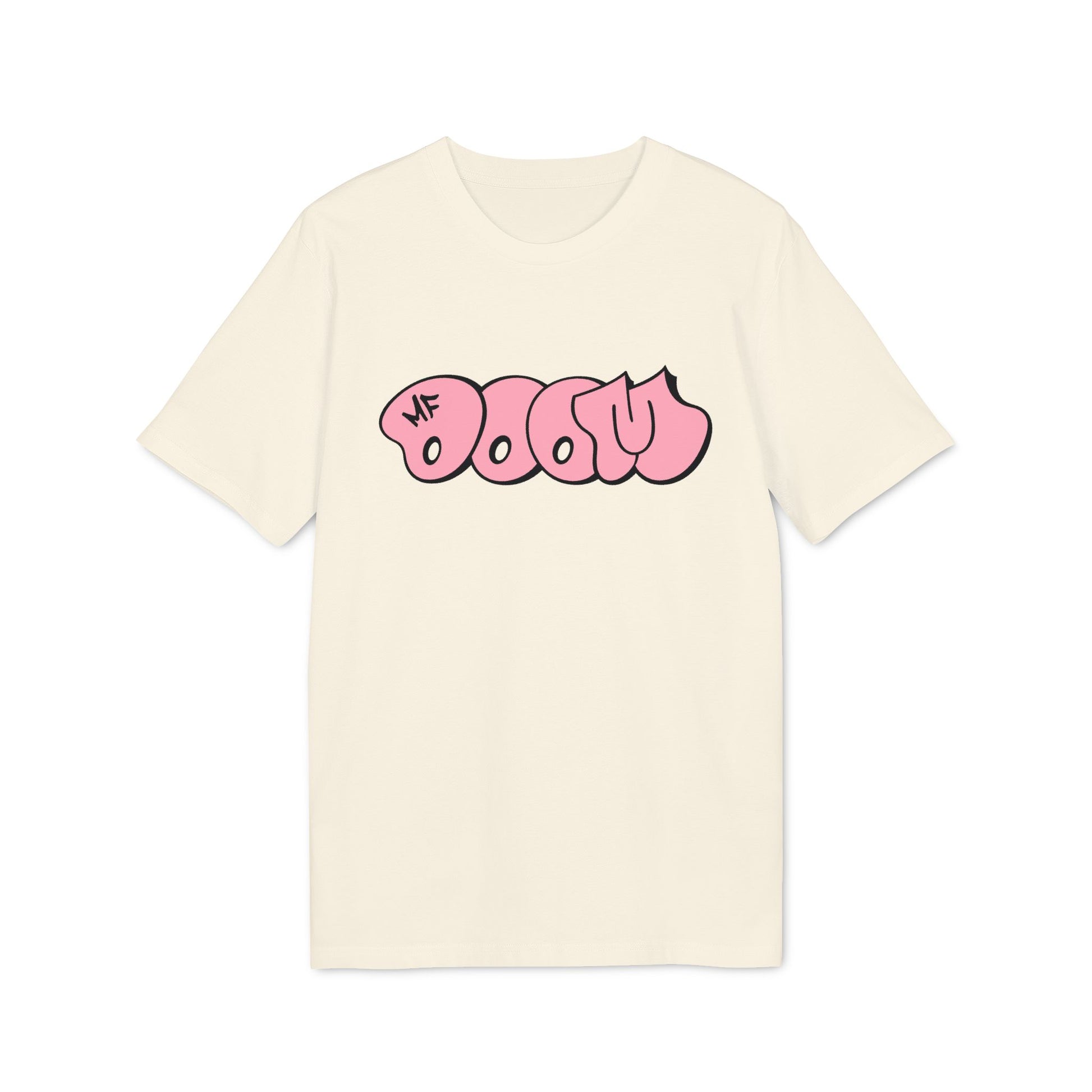 Cream t-shirt with pink bubble graffiti text and MF logo.