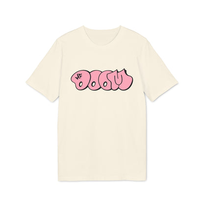 Cream t-shirt with pink bubble graffiti text and MF logo.