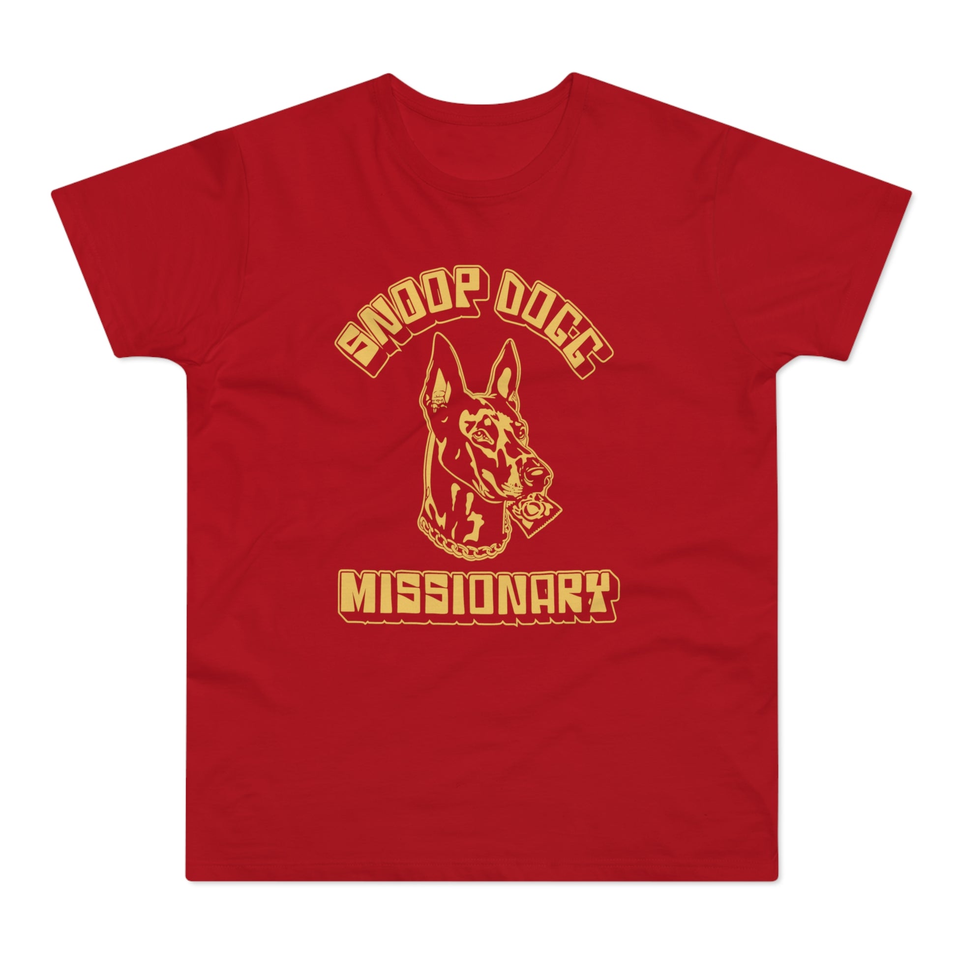 Red t-shirt with gold Snoop Dogg logo and dog holding a condom.