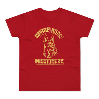 Red t-shirt with gold Snoop Dogg logo and dog holding a condom.
