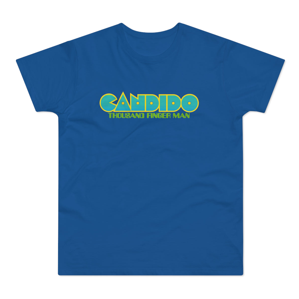 Blue t-shirt with yellow and green "CANDIDO THOUSAND FINGER MAN" text.