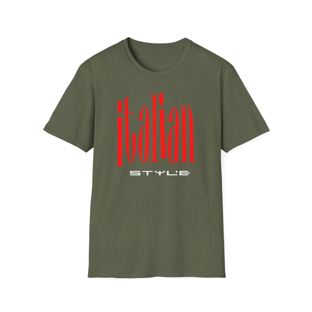 Olive t-shirt with red "italian STYLE" text graphic.