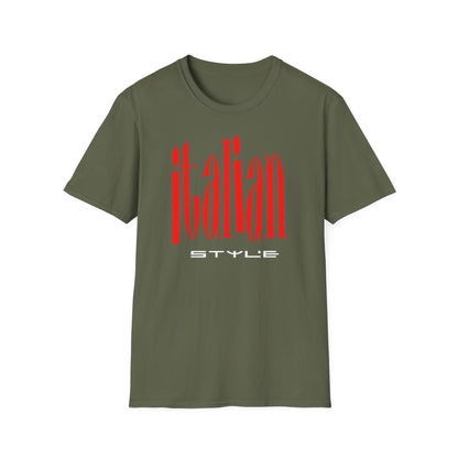 Olive t-shirt with red "italian STYLE" text graphic.
