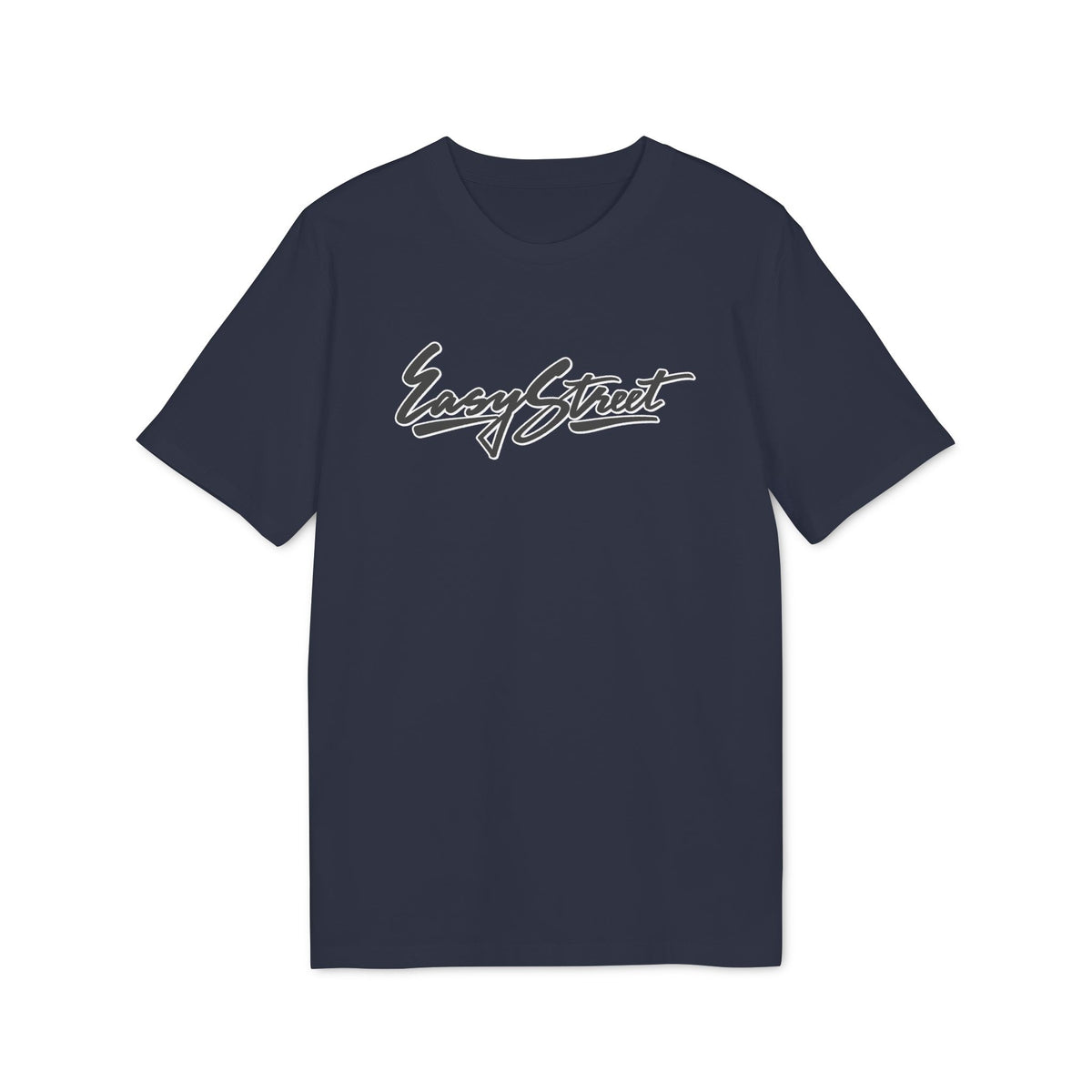 Dark navy t-shirt with white script text "Easy Street" across the chest.