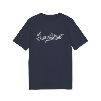 Dark navy t-shirt with white script text "Easy Street" across the chest.