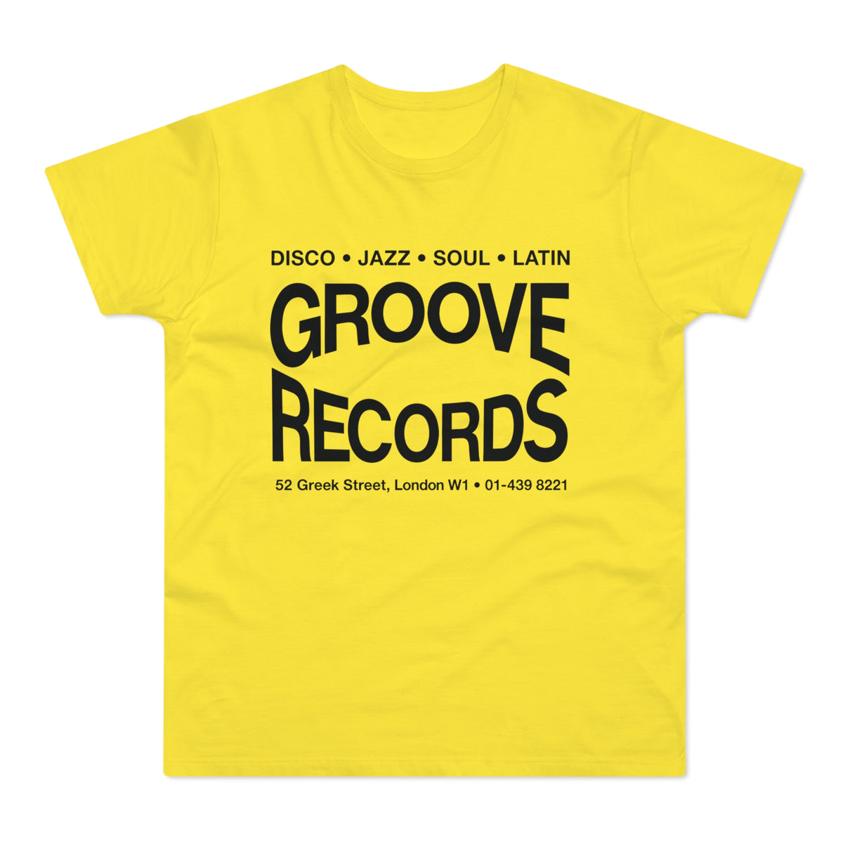 Yellow t-shirt with black text "Groove Records" and address.