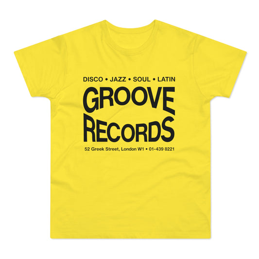 Yellow t-shirt with black text "Groove Records" and address.