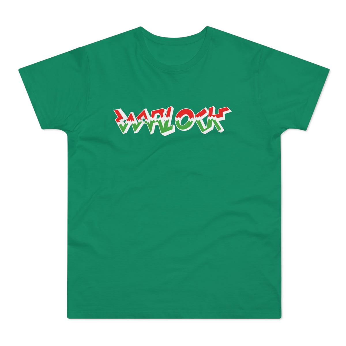 Green t-shirt with the word "WARLOCK" in red, white, and green stylized font.