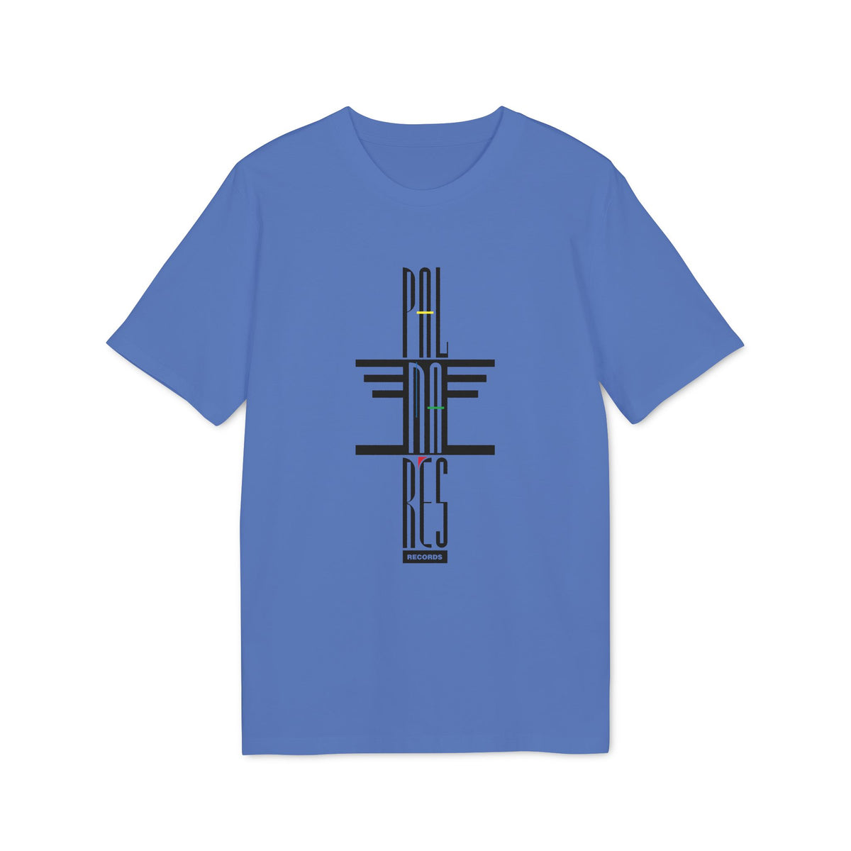 Blue t-shirt with black and colored graphic text that reads "PAL MA RES RECORDS".