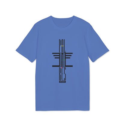 Blue t-shirt with black and colored graphic text that reads "PAL MA RES RECORDS".