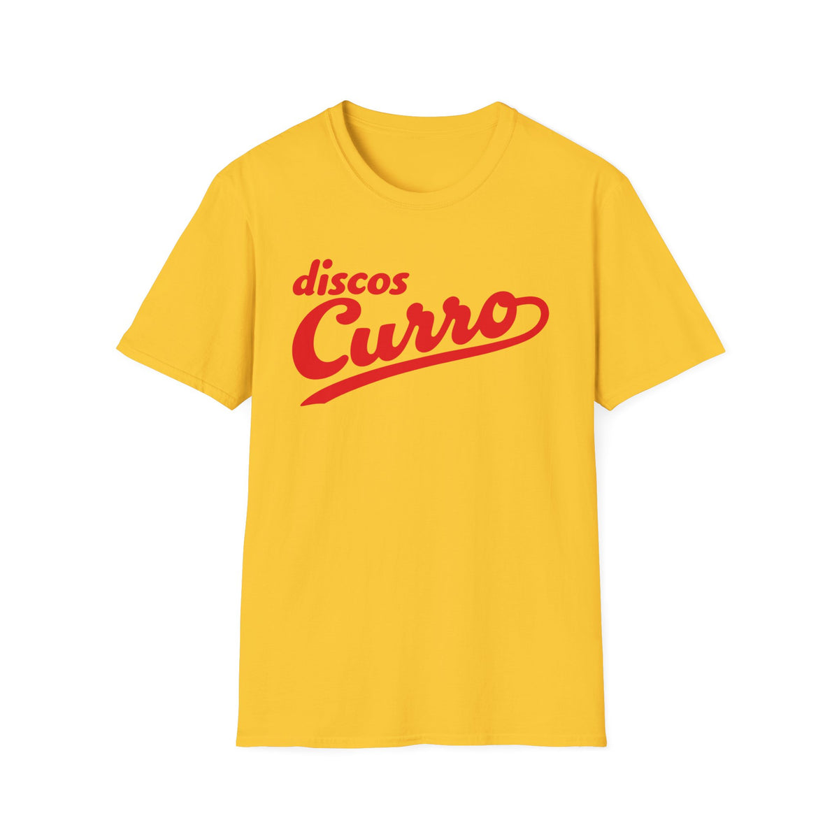 Yellow t-shirt with red "Discos Curro" text logo.