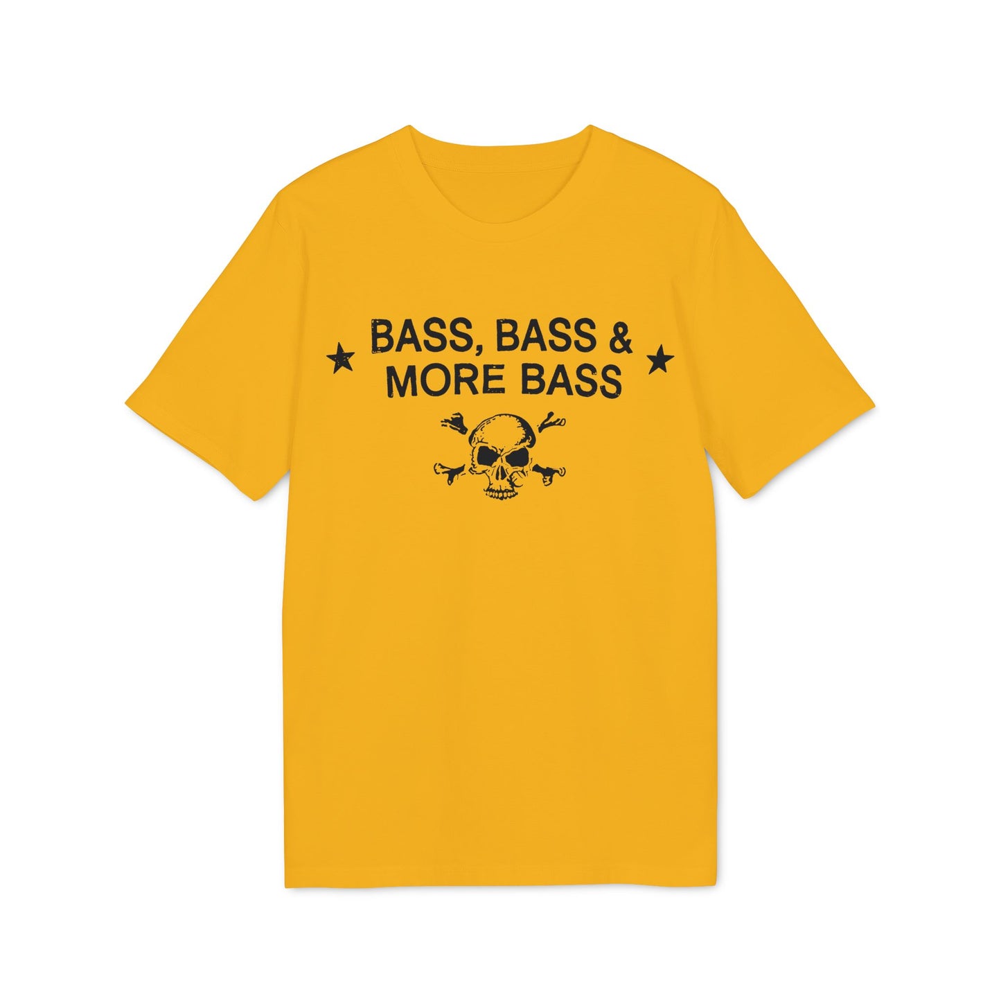Yellow t-shirt with text "BASS, BASS & MORE BASS" and a skull graphic.