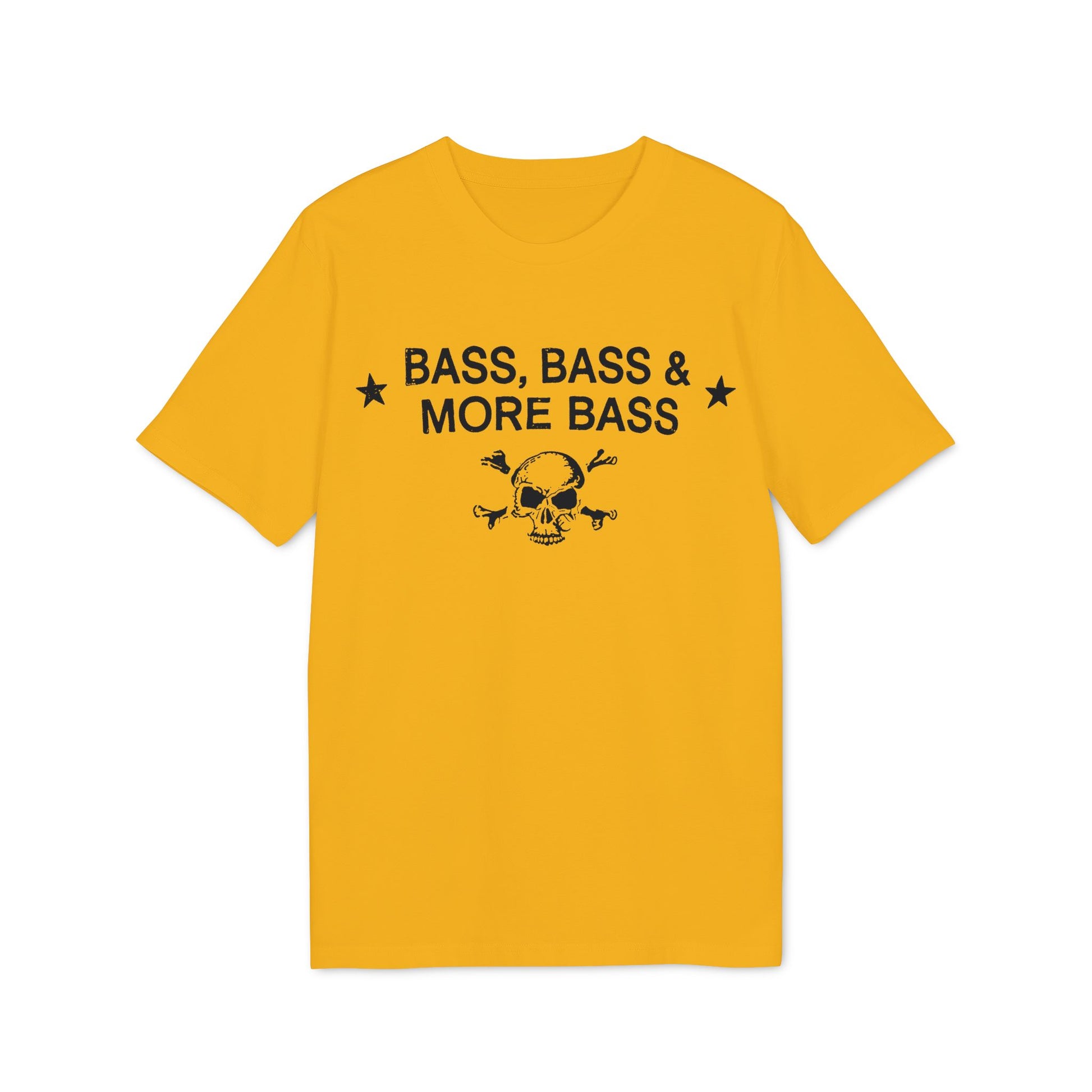 Yellow t-shirt with text "BASS, BASS & MORE BASS" and a skull graphic.