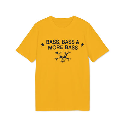 Yellow t-shirt with text "BASS, BASS & MORE BASS" and a skull graphic.
