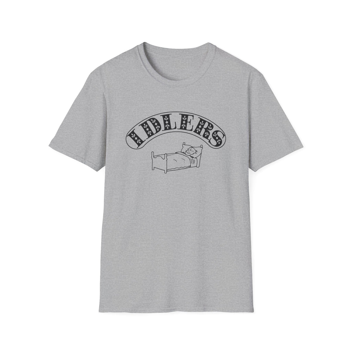 Grey t-shirt with "FIDDLERS" text above a drawing of a person in bed.