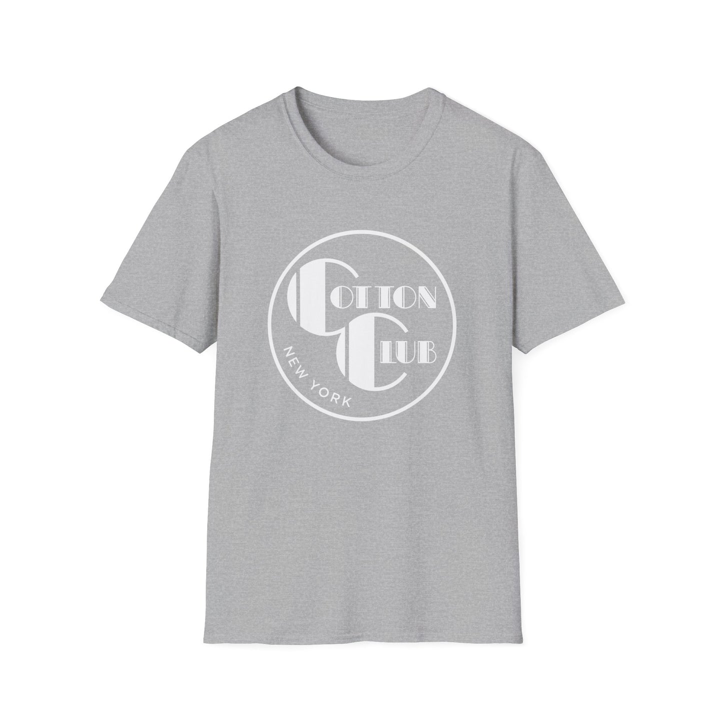 Grey t-shirt with a white circular logo featuring text "Cotton Club" and "New York".