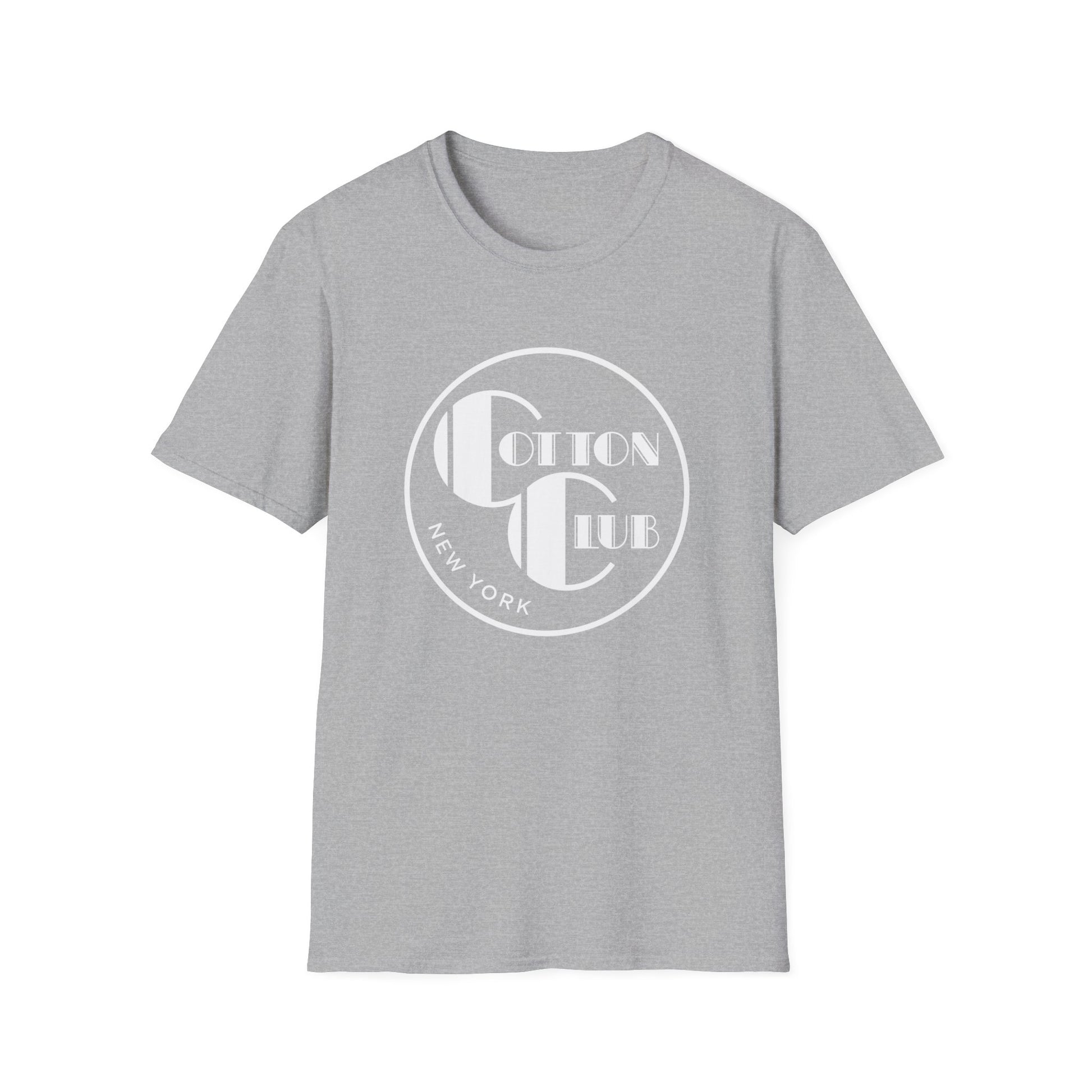 Grey t-shirt with a white circular logo featuring text "Cotton Club" and "New York".