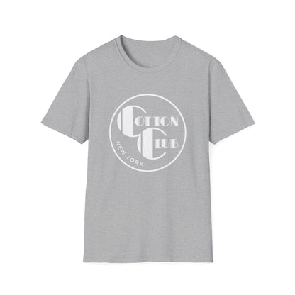 Grey t-shirt with a white circular logo featuring text "Cotton Club" and "New York".