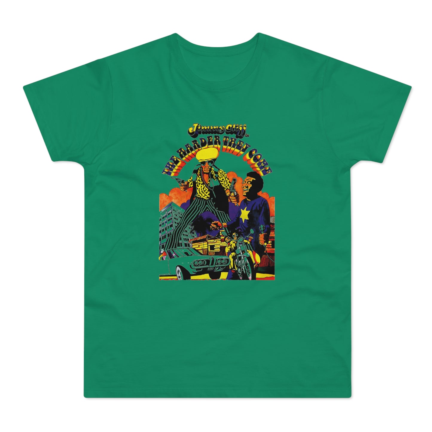 T-shirt with Jimmy Cliff "The Harder They Come" graphic and rainbow lettering.