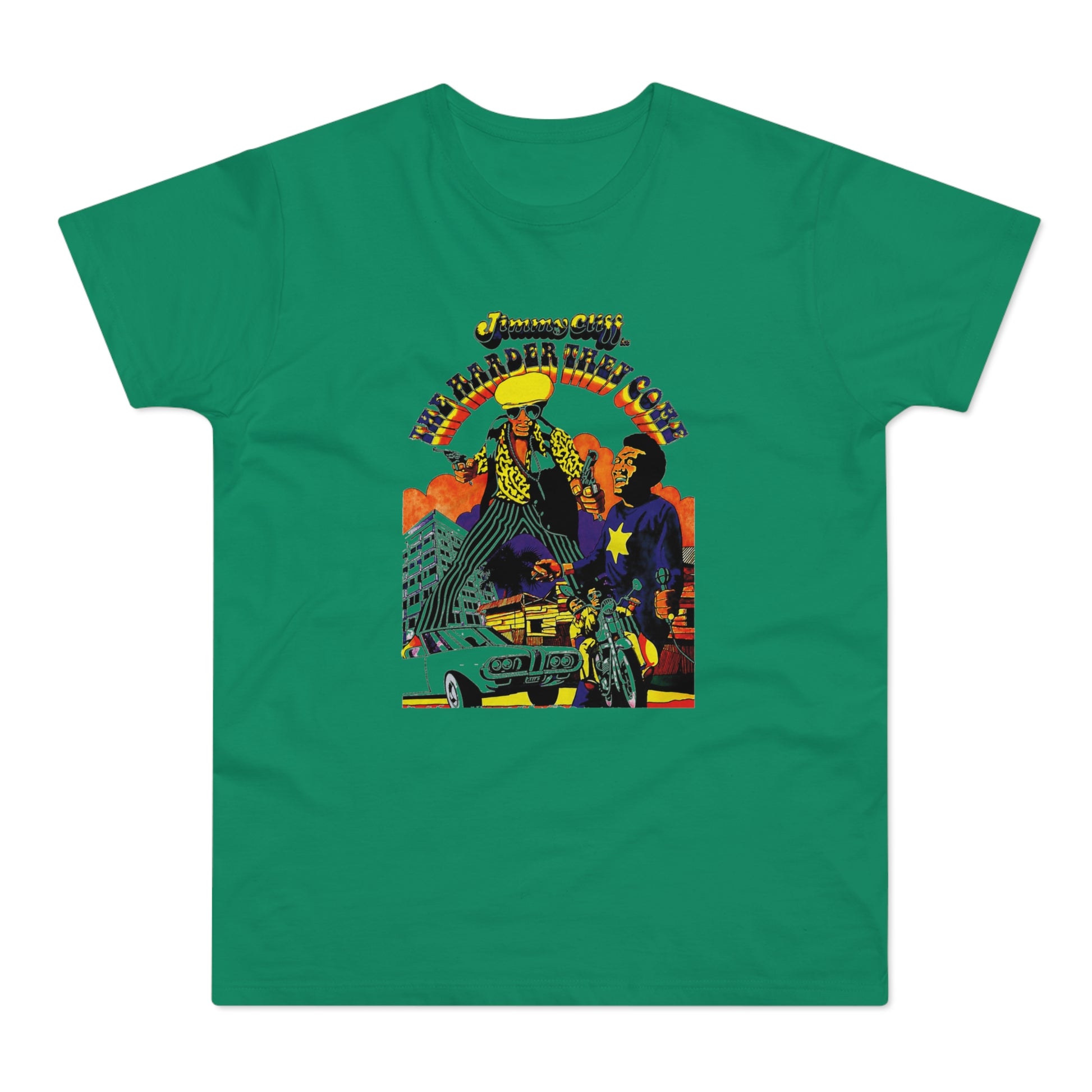 T-shirt with Jimmy Cliff "The Harder They Come" graphic and rainbow lettering.