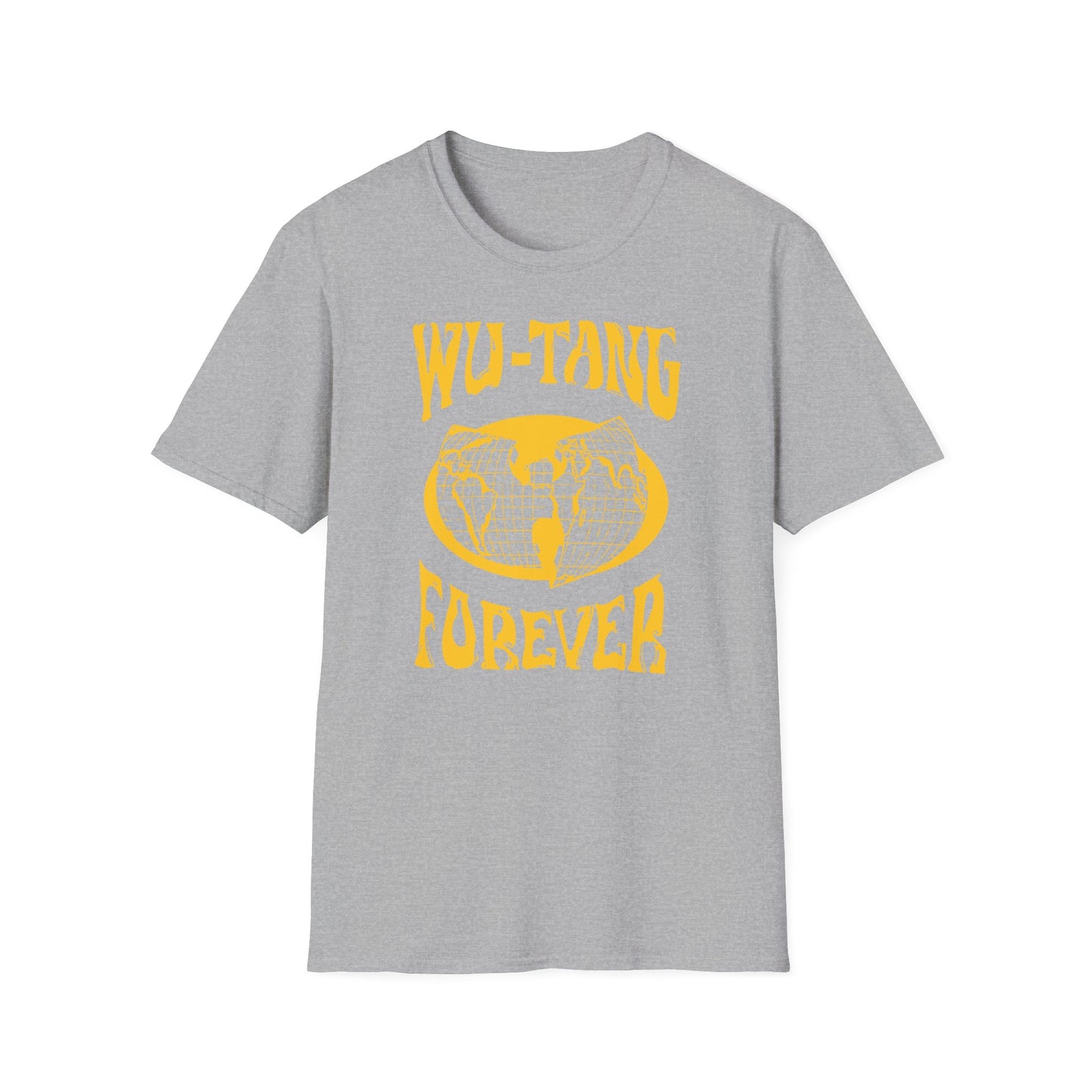 Grey t-shirt with yellow Wu-Tang Forever graphic and world map emblem.